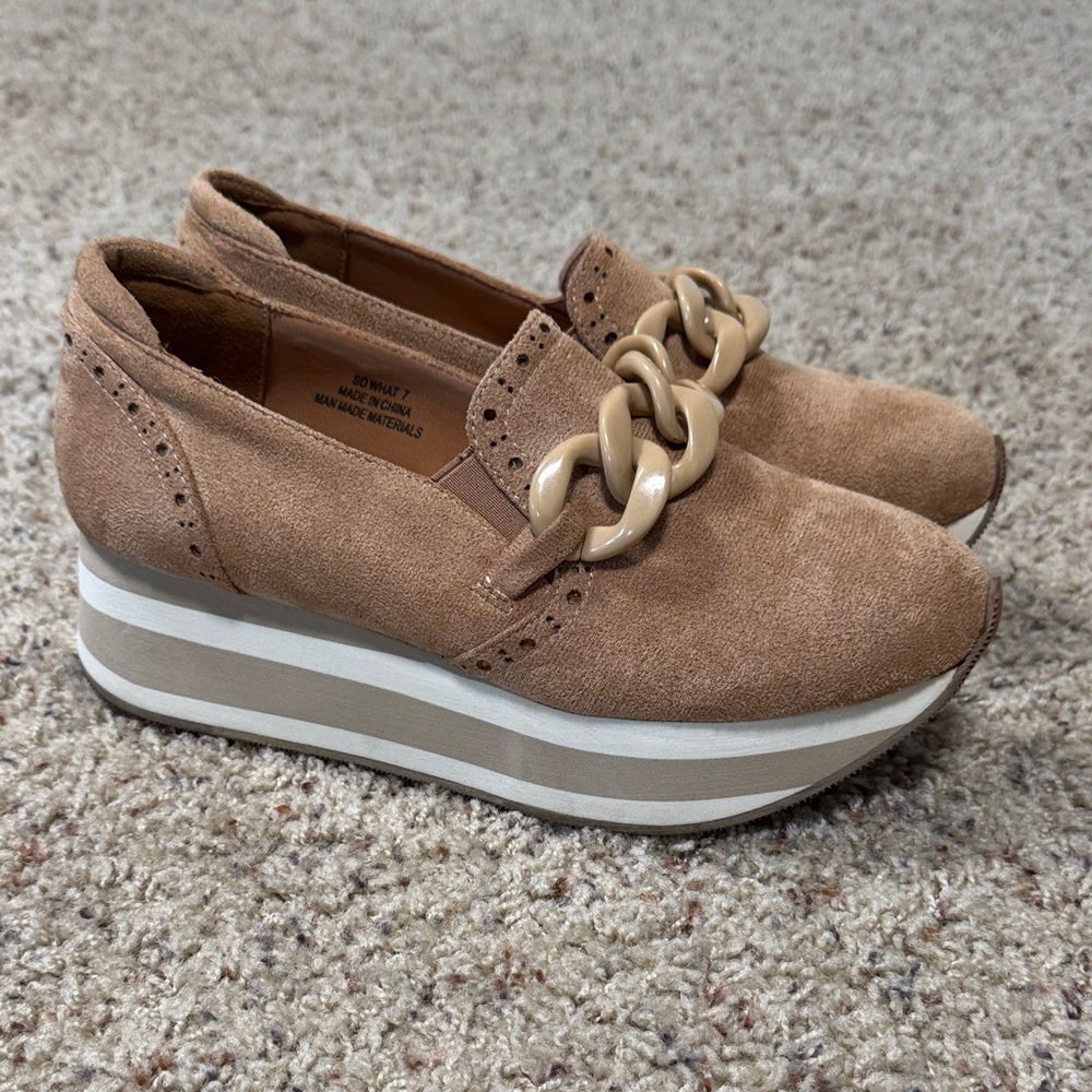 Corkys Tan Suede Platform Loafers with Chain Accent